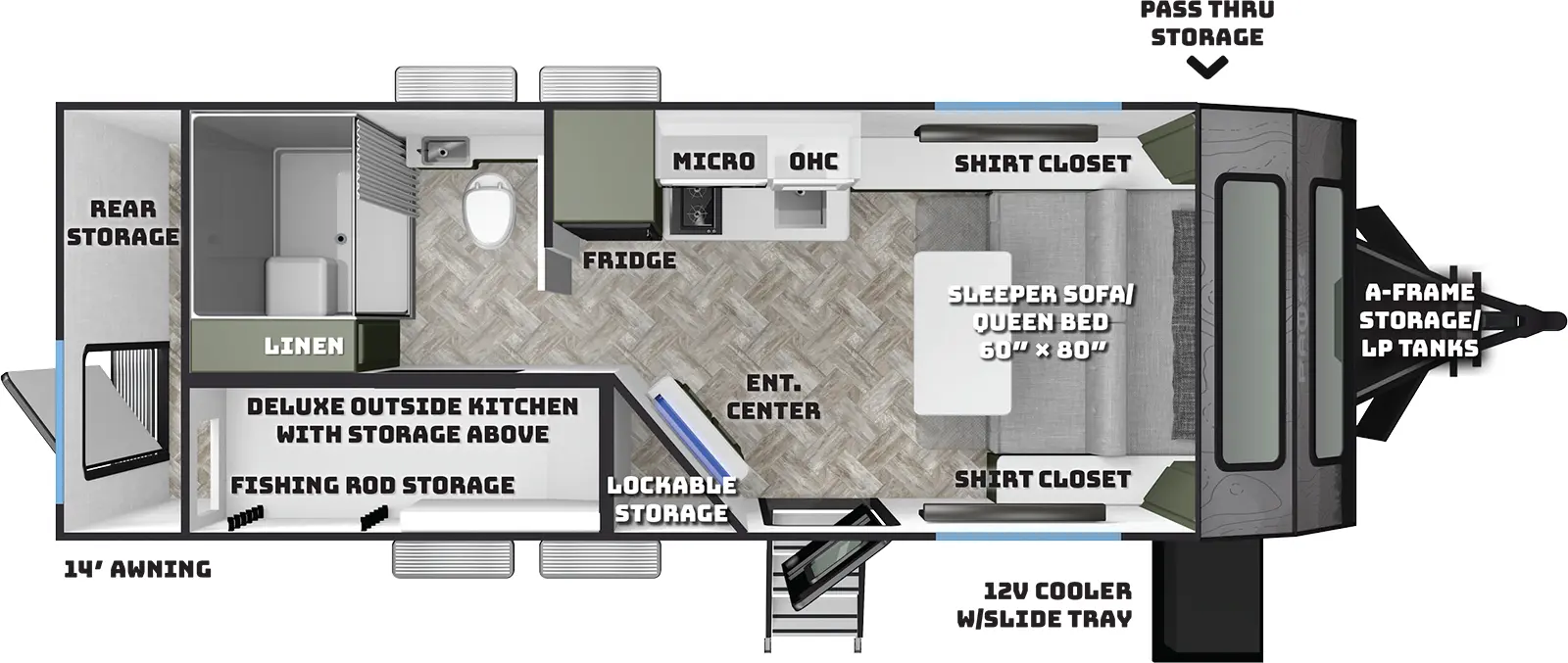 The Pause 20.2 has no slideouts and one entry door. Exterior features include front pass-through storage with door side 12 Volt cooler on a slide tray, a-frame storage LP tanks, deluxe outside kitchen, and 14 foot awning. Interior layout front to back: sleeper sofa/queen bed with shirt closets on each side; door side entry and angled entertainment center with lockable storage behind; off-door side kitchen counter with sink cooktop, overhead cabinet with microwave, and refrigerator; rear deluxe outside kitchen with storage above including fishing rod storage; off-door side toilet and shower; rear linen cabinet; separate rear storage area accessible by door in the rear.